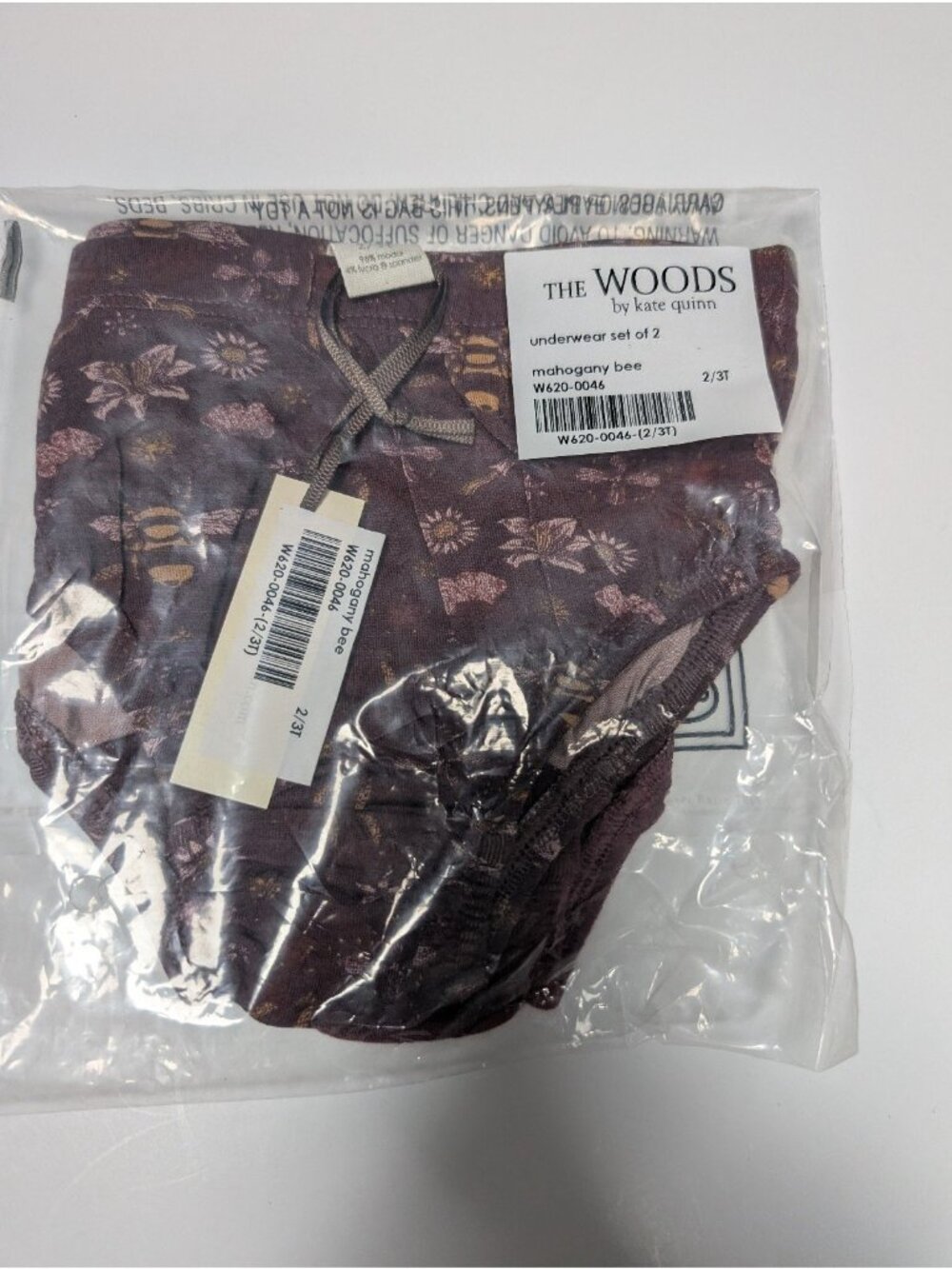 Kate Quinn Set of 2 Underwear 2T/3T Mahogany Bee Litho & Solid Panties Modal